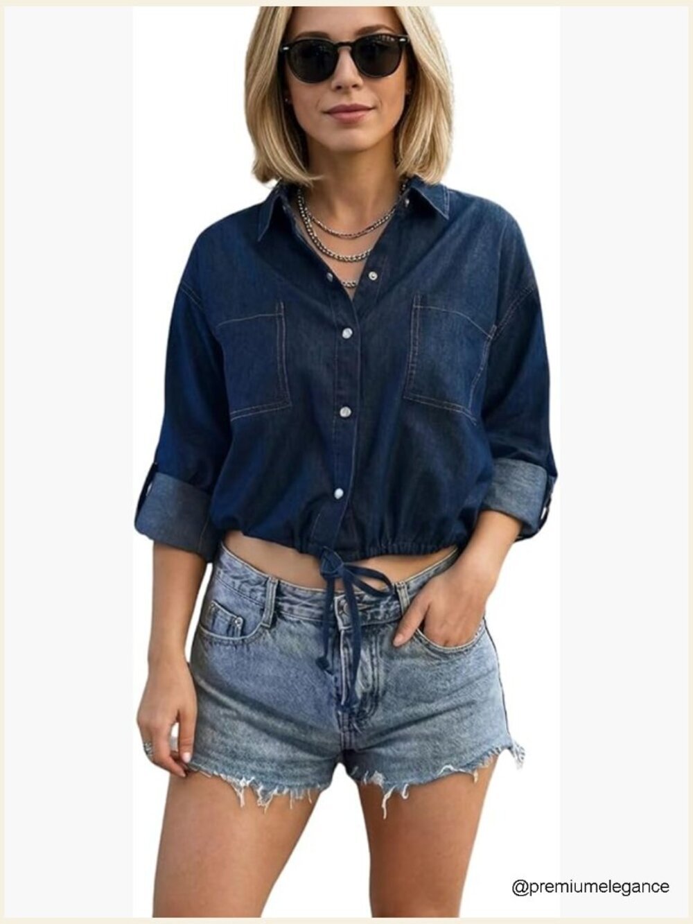 Cropped Denim Shirt Jacket Button Front Drawstring Hem 3/4 Sleeve